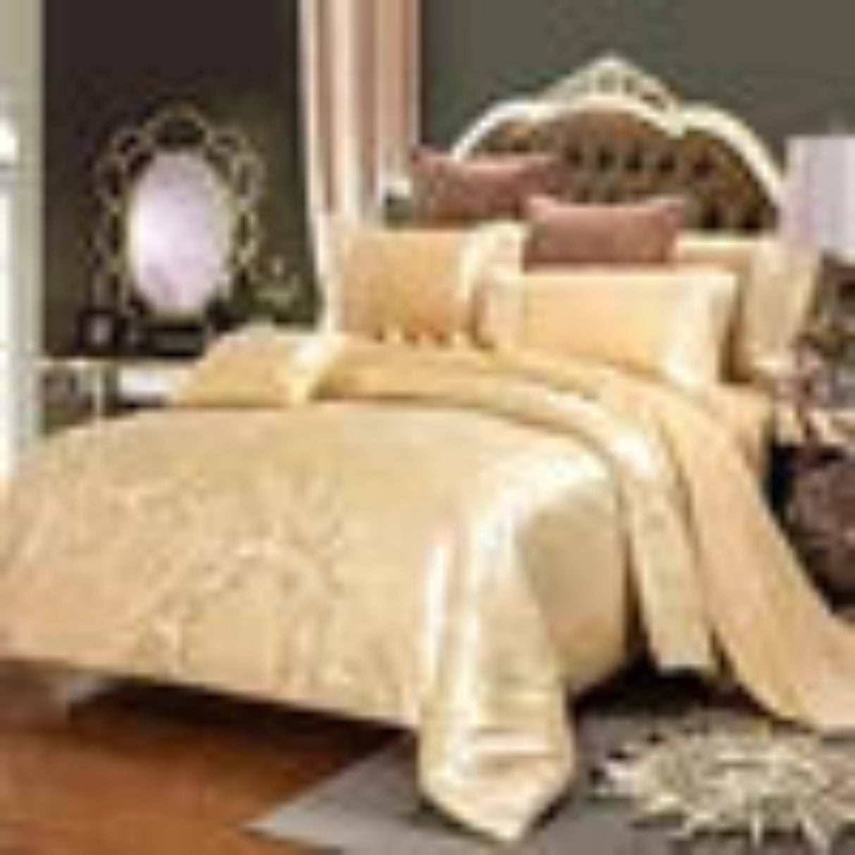 Bedding set with a decorative headboard in a bedroom setting