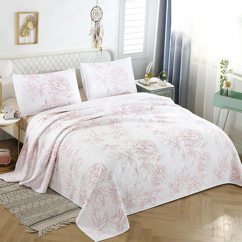 Embroidered Cotton Quilt Set 3PCS King Queen Bedspread with 2 Pillow Shams Summer Lightweight Double Blanket Breathable Coverlet