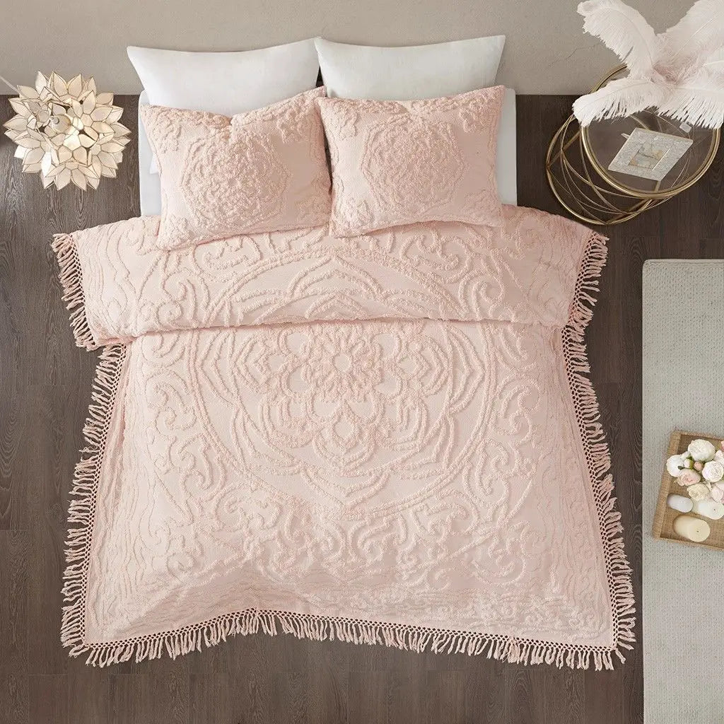 Tufted Cotton Chenille Medallion Fringe Coverlet Mini Set Bedspreads & Coverlets