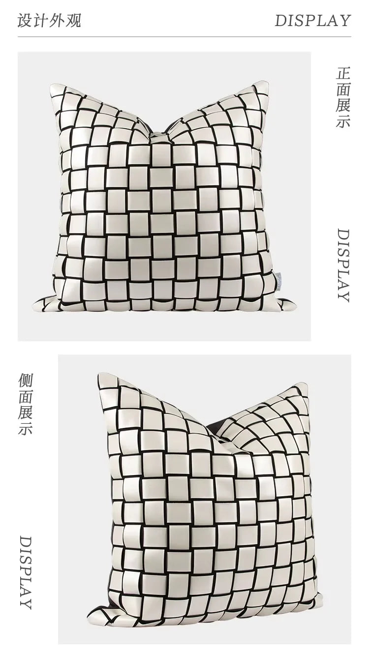 Leather White Simple Geometric Pattern Pillowcase Hand Woven square Check Home Cushion Cover