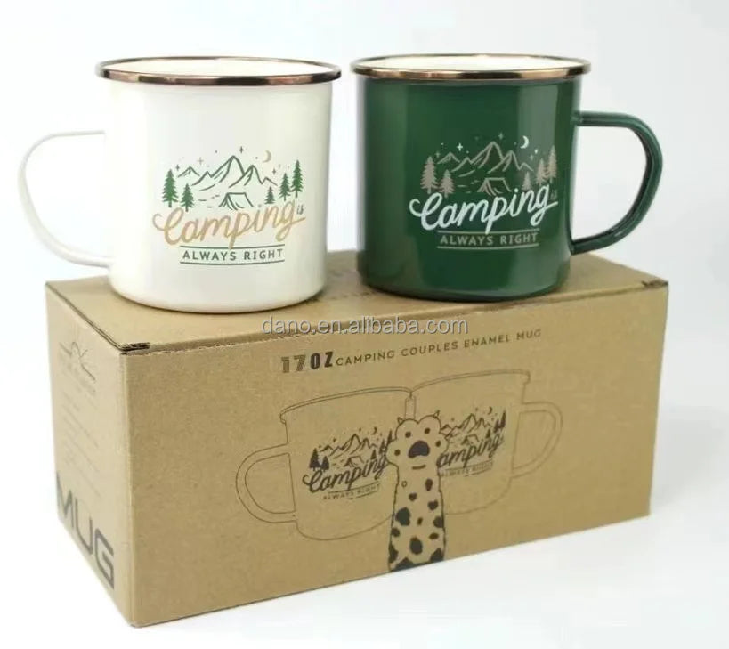 Two camping-themed mugs on a cardboard box with 'Camping Always Right' text.