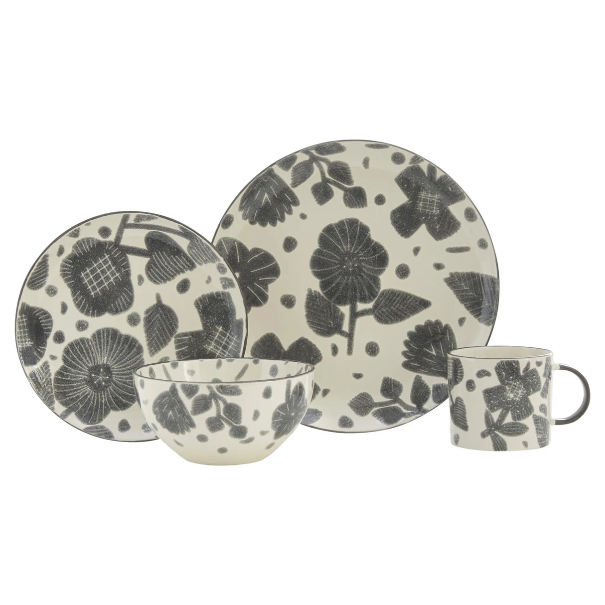 Elegant Gray and Ivory Floral Ceramic Dinnerware Set - 16 Pieces for Four