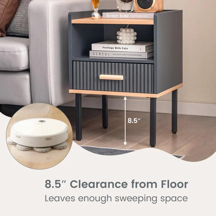 Modern Solid Pine Wood Nightstand Bedside End Table with Drawer and Open Shelf for Bedroom & Living Room for Apartment Use