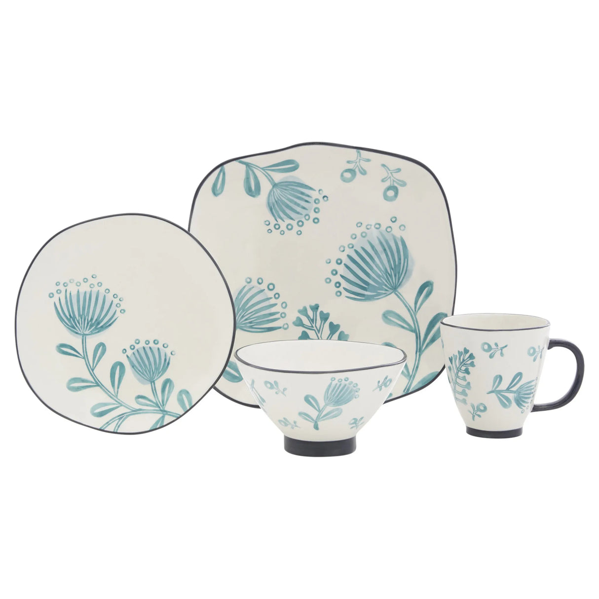 Floral Ceramic Dinnerware Set Sixteen-Piece Round Blue and White Service for Four