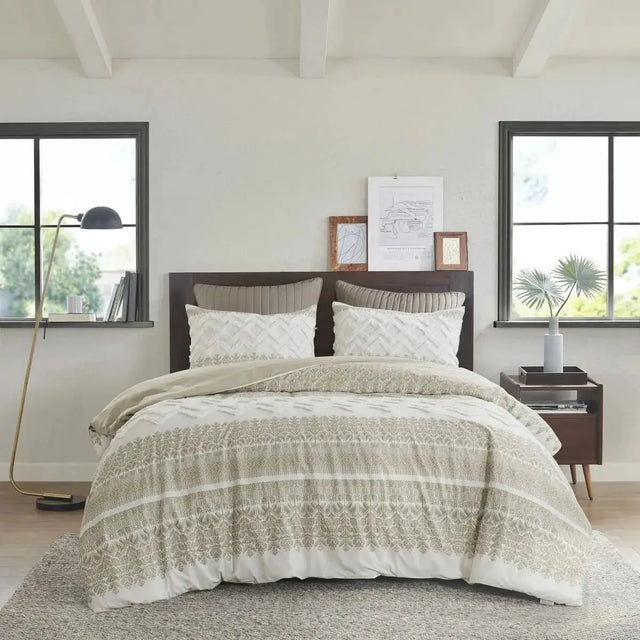 Scenic Floral & Geometric 3-Piece Cotton Duvet Cover Set with Chenille Tufting Julia M LifeStyles