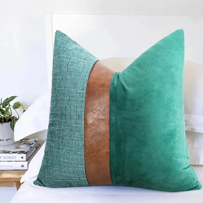 Cotton Linen Velvet Patchwork Faux Leather Pillow Cover Modern Farmhouse Decor Accent Cushion Case Decorative Throw Pillowcase Julia M LifeStyles