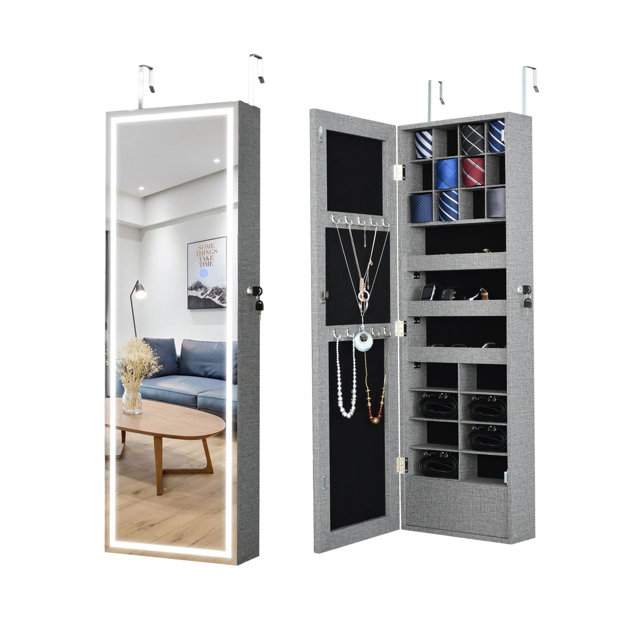 DB Fashion LED Light Jewelry Storage Mirror Cabinet Simple Stylish Design for Hanging on Door or Wall for Organizing Jewelry Julia M LifeStyles