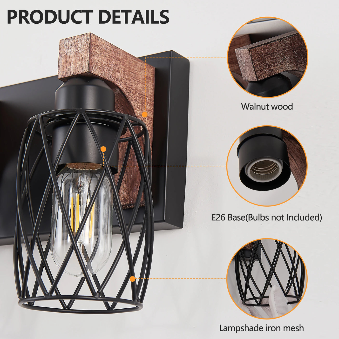 6-Light Wood Bathroom Light Fixtures Over Mirror, Black Industrial Vanity Lights with Metal Shade, Rustic Bathroom Lighting