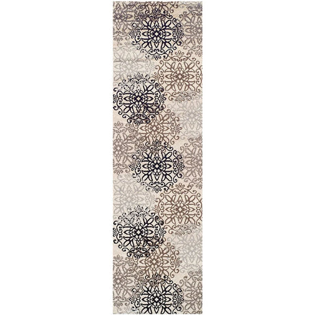 11' Tan Gray and Black Floral Medallion Runner Rug Stain Resistant Product