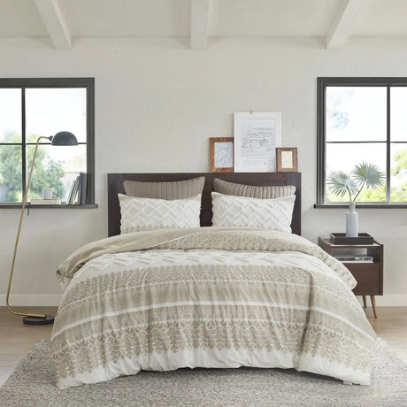Scenic Floral & Geometric 3-Piece Cotton Duvet Cover Set with Chenille Tufting