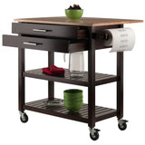 Langdon Modern Kitchen Cart with Drop Leaf Cappuccino and Natural Wood Finish Stainless Steel Panel