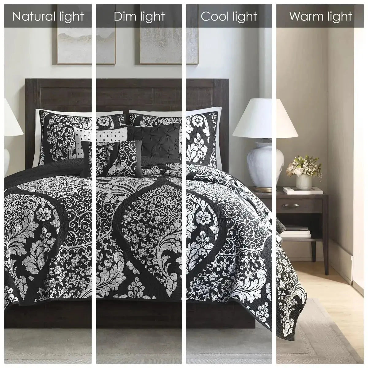 6-Piece Printed Cotton Quilt Set Throw Pillows Black Full/Queen Geometric Floral Soft Bedding for Winter for Wedding Hotel Julia M LifeStyles