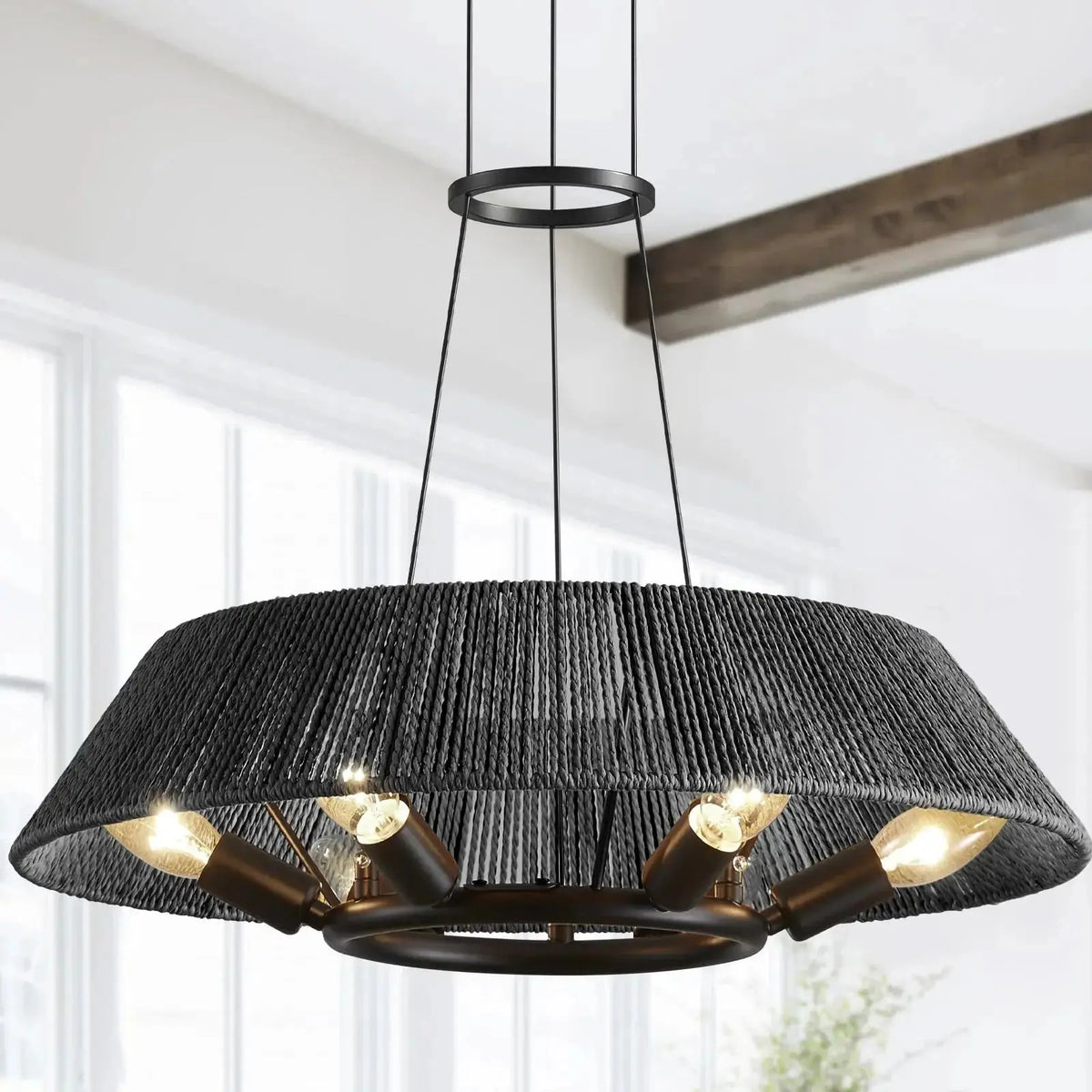 Farmhouse Chandelier Light Fixtures Hand Woven Fabric Shade Coastal Hanging Lighting for Dining Room Kitchen Island Living Room Julia M LifeStyles