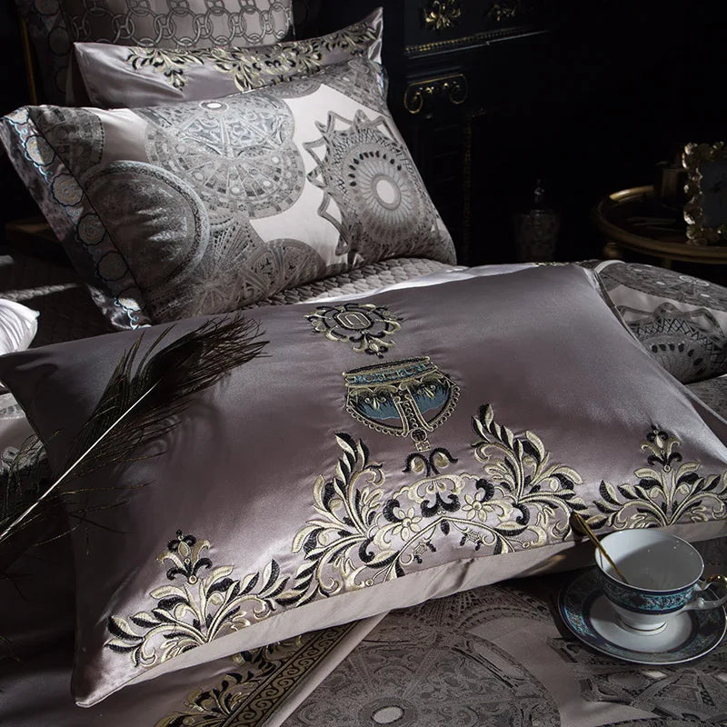 Golden Silver Red Luxury Wedding Royal Bedding sets Queen King size Embroidery Silk Satin Bohemia Duvet cover Bed sheet set - Julia M LifeStyles