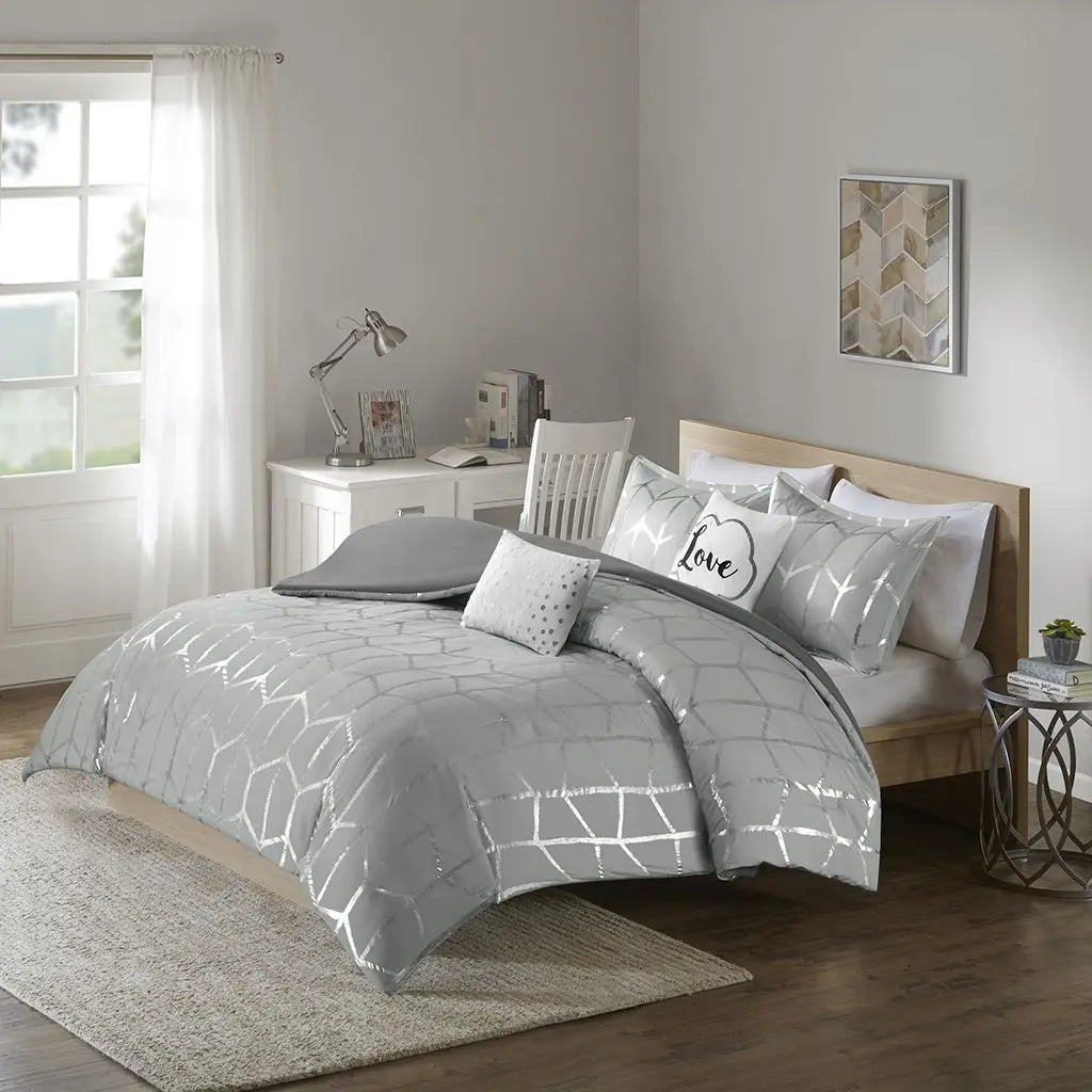 King Twin Size Geometric Floral Metallic Duvet Cover Set