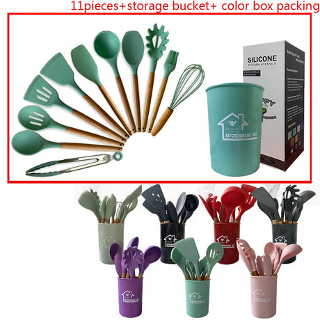 Silicone Kitchen Utensil Set - 11 Pieces with Storage Bucket