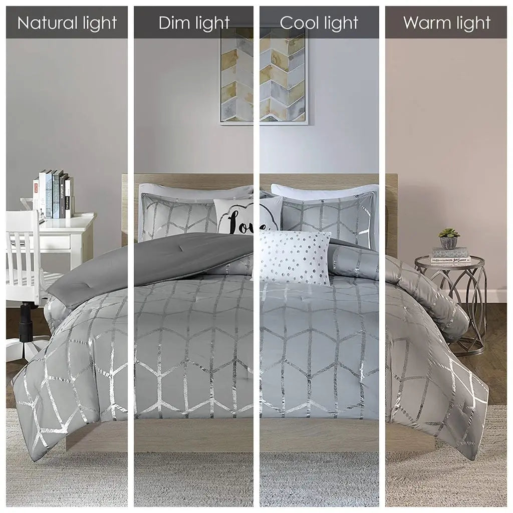 King Twin Size Geometric Floral Metallic Duvet Cover Set