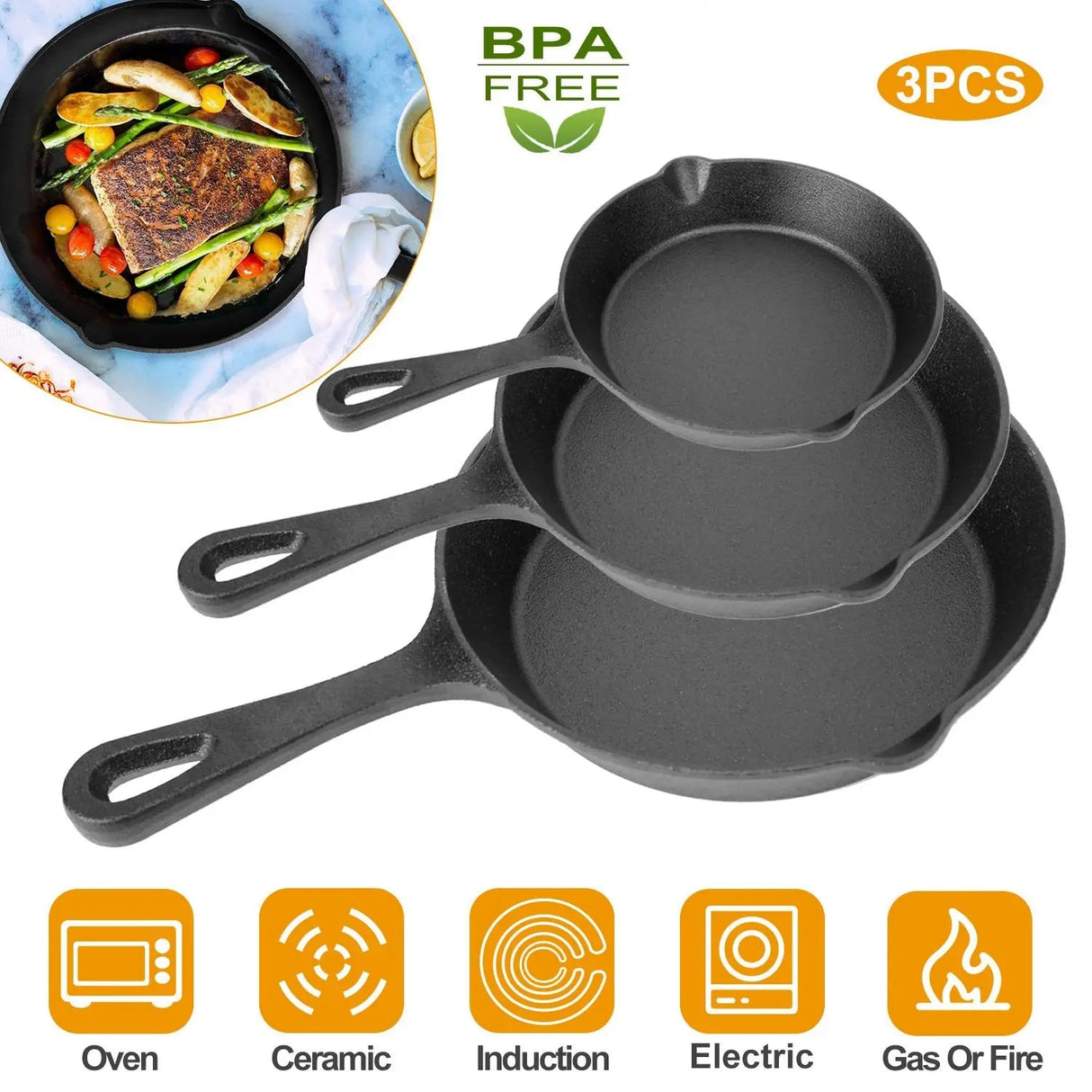 DB 3-Piece Pre-Seasoned Cast Iron Cookware Set 6/8/10-Inch Non-Stick Oven Safe Skillets Heat-Resistant Frying Pan Julia M LifeStyles