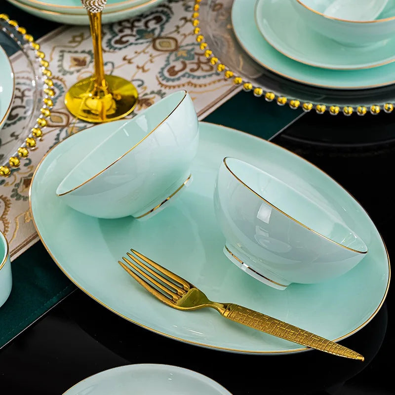 Nordic Gold Rim Best Ceramic Dishes Plates Bowl Kitchen Porcelain Ceramic Tableware Sets Bone China Plates for Dinner