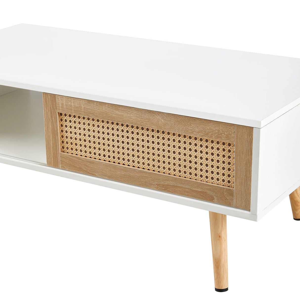 Modern Rattan Coffee Table with Sliding Door Storage and Wood Legs