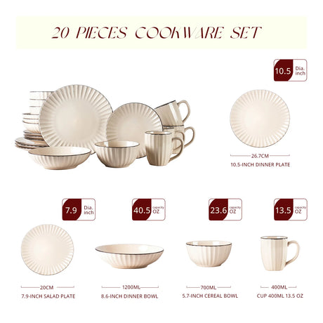 20 Pc Stoneware Embossed Dinner Set High-End Household Ceramic Sets Premium Emboss Dinnerware Sets Home Use
