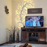 Living room with a TV, decorative plants, and wall art.
