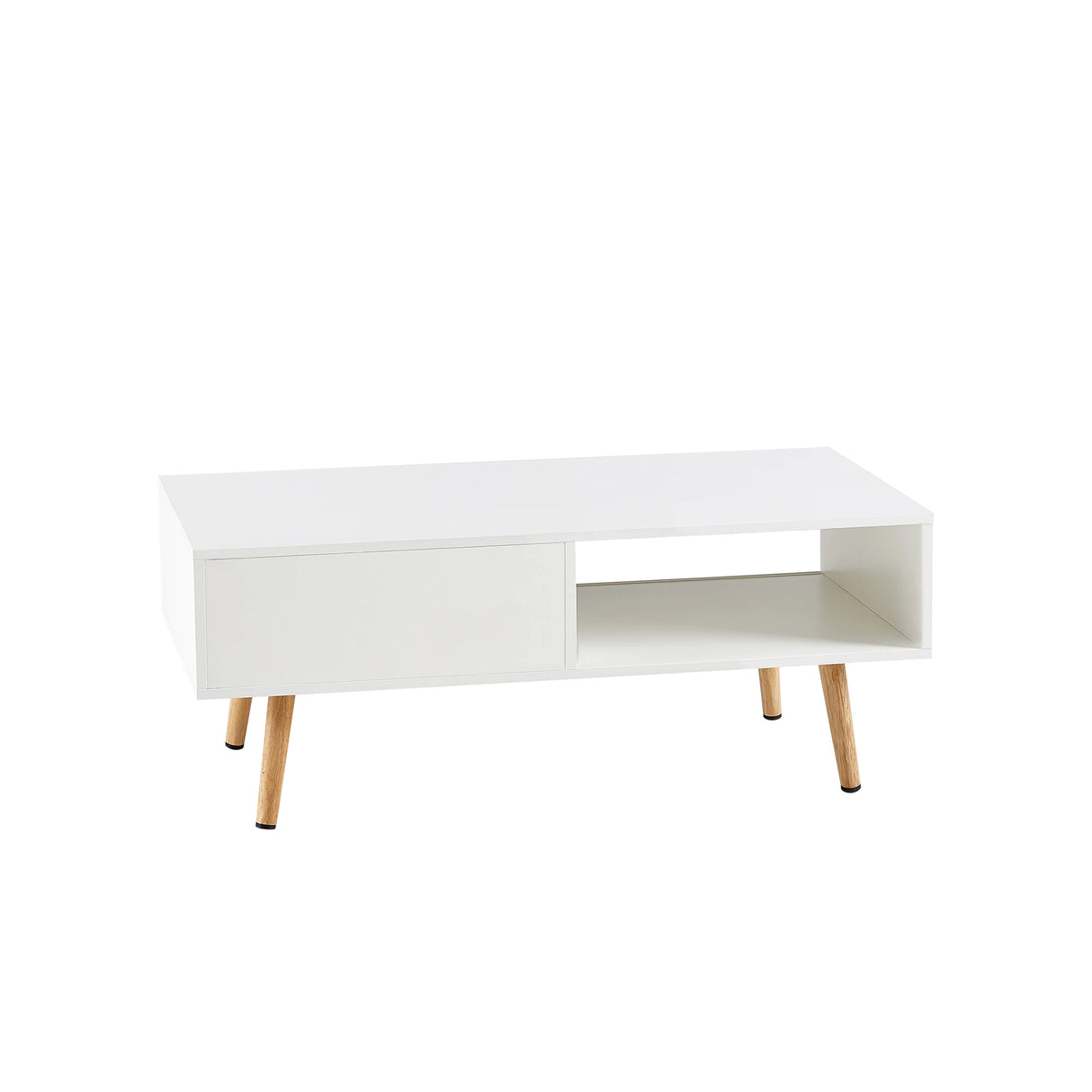 Modern Rattan Coffee Table with Sliding Door Storage and Wood Legs