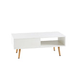 Modern Rattan Coffee Table with Sliding Door Storage and Wood Legs