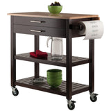 Langdon Modern Kitchen Cart with Drop Leaf Cappuccino and Natural Wood Finish Stainless Steel Panel