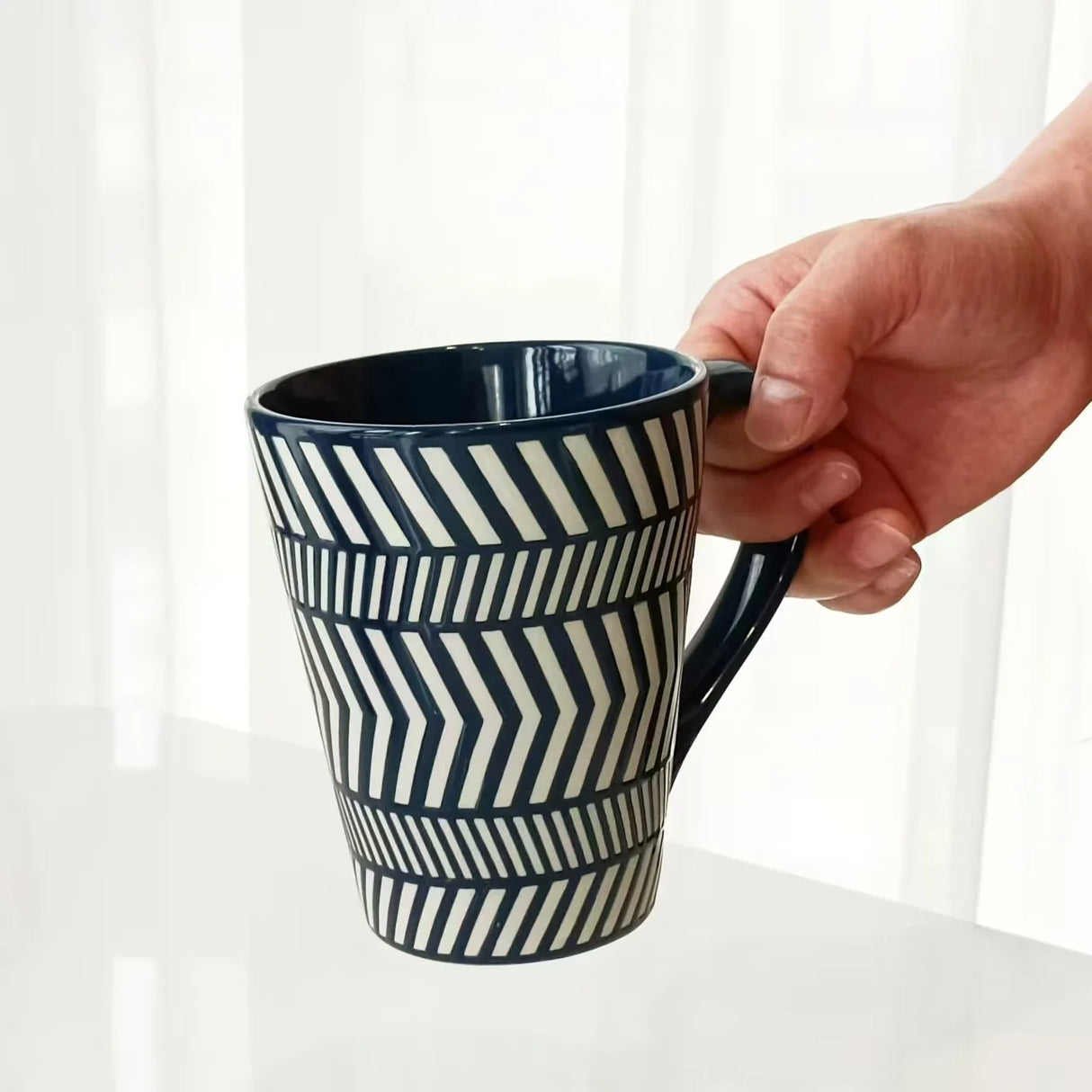 500ml Classic Large Capacity White Line Ceramic Cup Dark Blue Mug