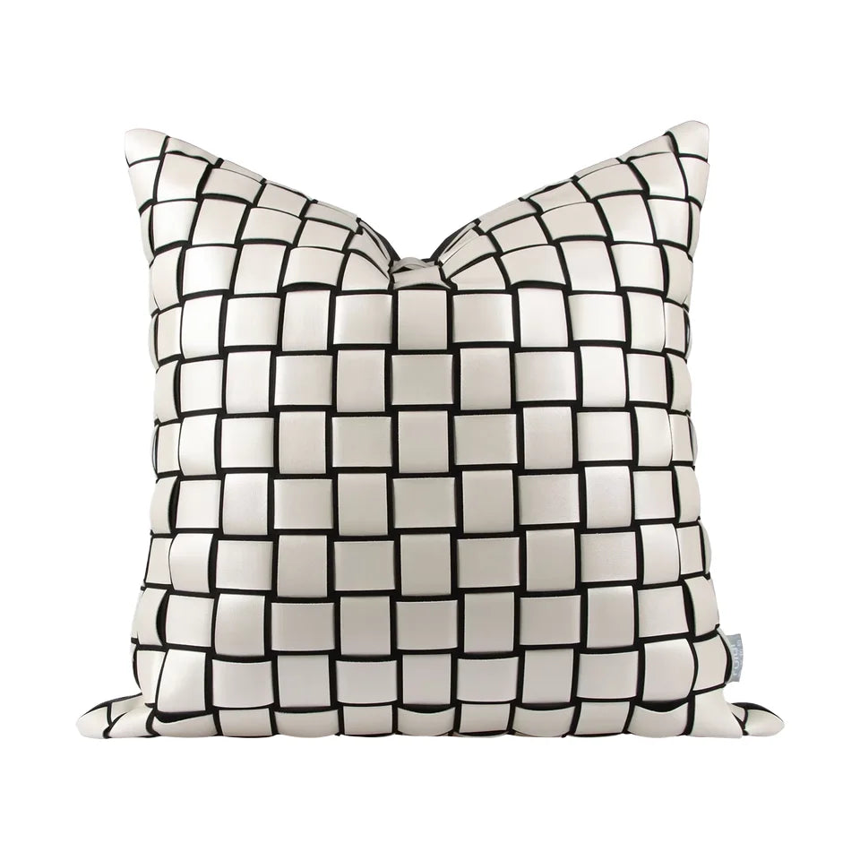 Leather White Simple Geometric Pattern Pillowcase Hand Woven square Check Home Cushion Cover