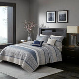 Navy Full/Queen Reversible Jacquard Quilt Set Throw Pillows 6-Piece Floral Vintage Pattern Soft Cotton for Wedding Hotel Julia M LifeStyles