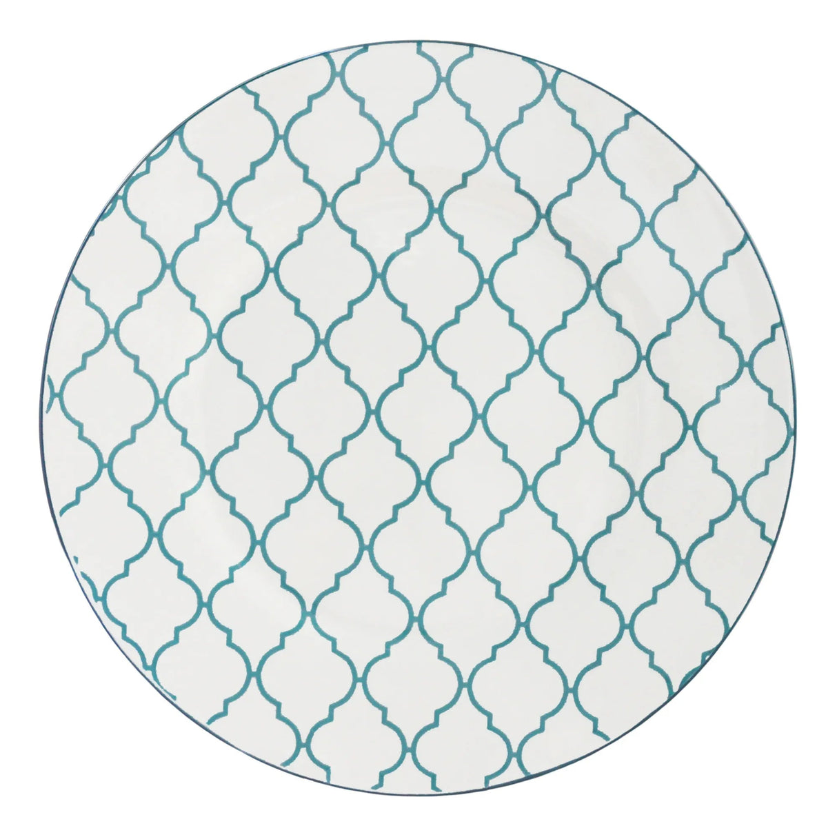 Round rug with a blue geometric pattern on a white background