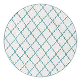 Round rug with a blue geometric pattern on a white background