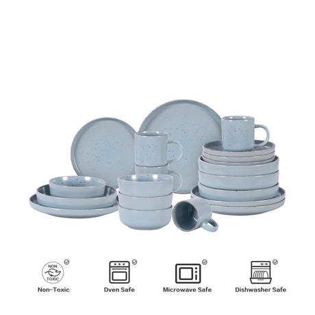 Nordic Style Round Stoneware 20pc Dinnerware Sets Speckled Matt Light Blue Plate and Bowl Set