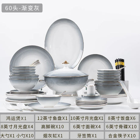 Elegant Gradient Grey Bone China Tableware Set - 60 Pieces