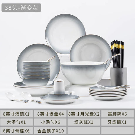 Elegant Gradient Grey Bone China Tableware Set - 60 Pieces