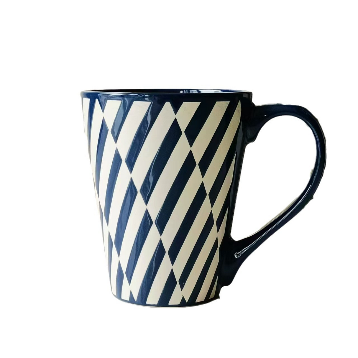 500ml Classic Large Capacity White Line Ceramic Cup Dark Blue Mug