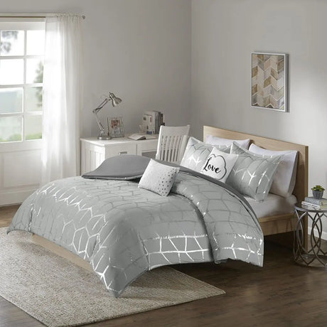 King Twin Size Geometric Floral Metallic Duvet Cover Set