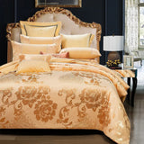 Luxurious bedroom with ornate bed and gold floral bedding