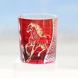 Hand Cut Festive  Edo Kiriko Glass Tumbler by Own Factory, Exquisite Red Cup with Golden Horse Pattern for Celebration