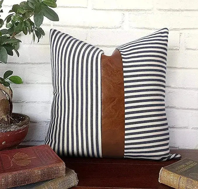 Home Decor Throw Pillow Cover Decorative Pillow Case Design Black Strips Faux Leather Patch Pillow 18x18 Geometric Cushion Cover Julia M LifeStyles