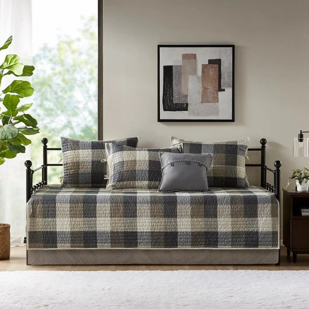 Reversible Plaid Daybed Cover Set - 8 Pieces, Solid Cotton, Multiple Sizes