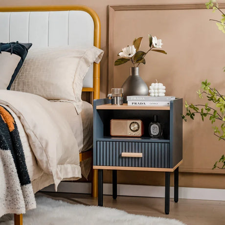 Modern Solid Pine Wood Nightstand Bedside End Table with Drawer and Open Shelf for Bedroom & Living Room for Apartment Use