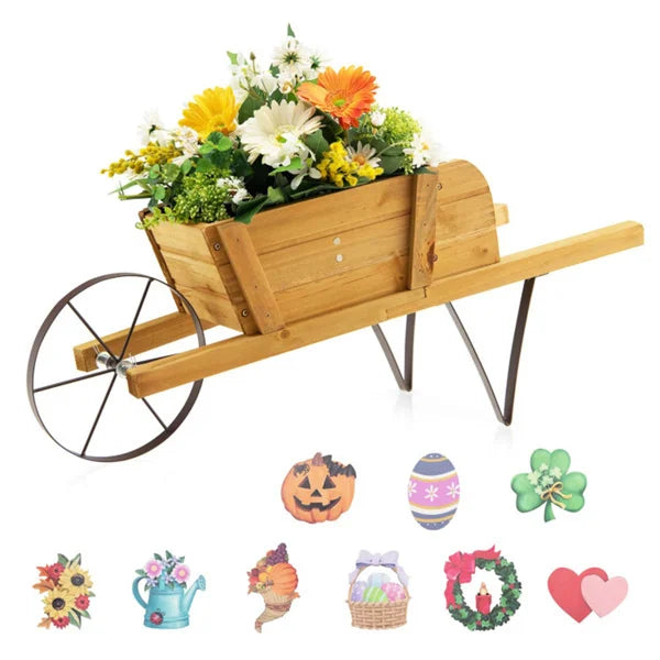 2-in-1 Wheelbarrow Planter with 9 Magnetic Accessories Wooden Wagon for Garden Yard Flower Pots & Planters