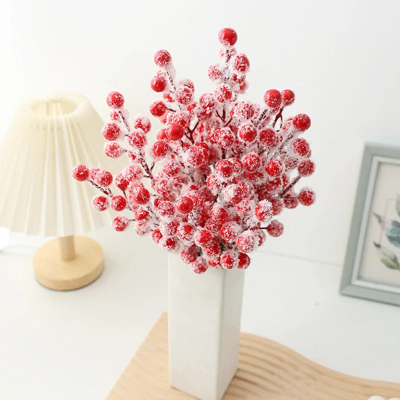 Twelve Frost Red Artificial Plants Greenery New Year Holly Branches Snowflake Christmas Decorations Home Decor Frost Red Fruit