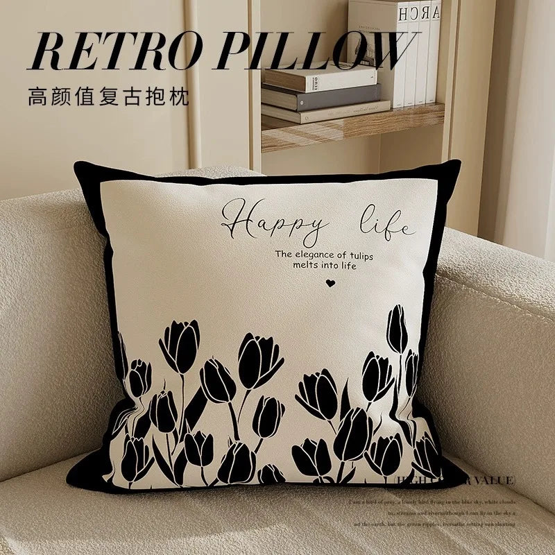Nordic Style High-End French Retro Pillow Black and White Abstract Art Decorative Cushion for Sofa Bedroom