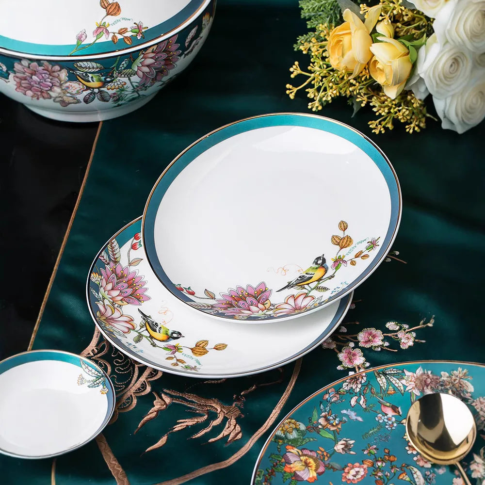 Luxurious 72-Piece Ceramic Dinnerware Set with Gold Rim and Floral Design