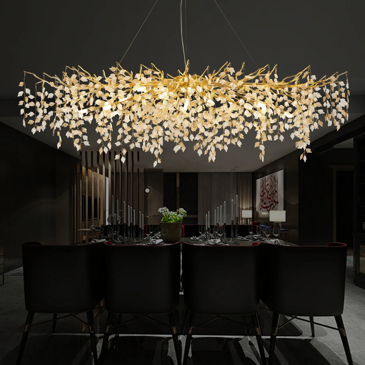 Large Gold Brass Crystal Chandelier with Raindrop Leaf Design