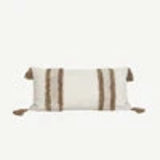 Striped pillow with a wooden button on a white background